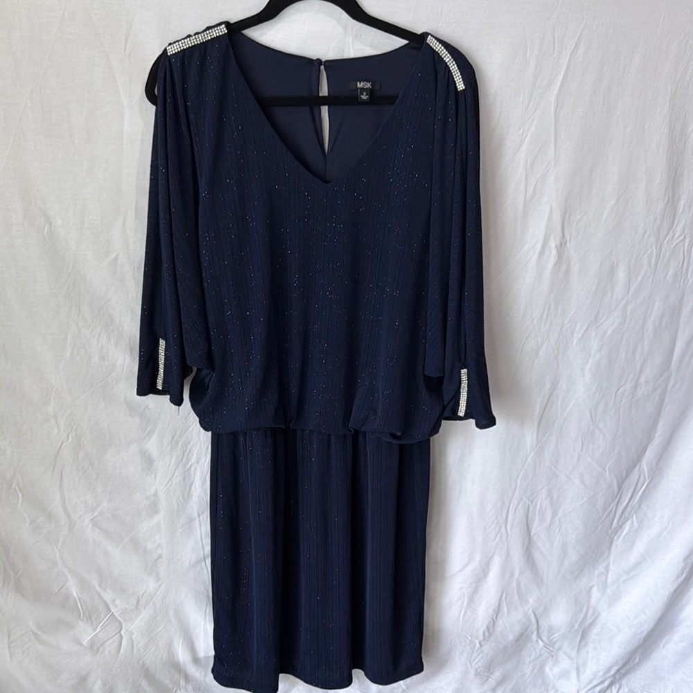 MSK Navy Long Sleeve Dress with Silver Accents